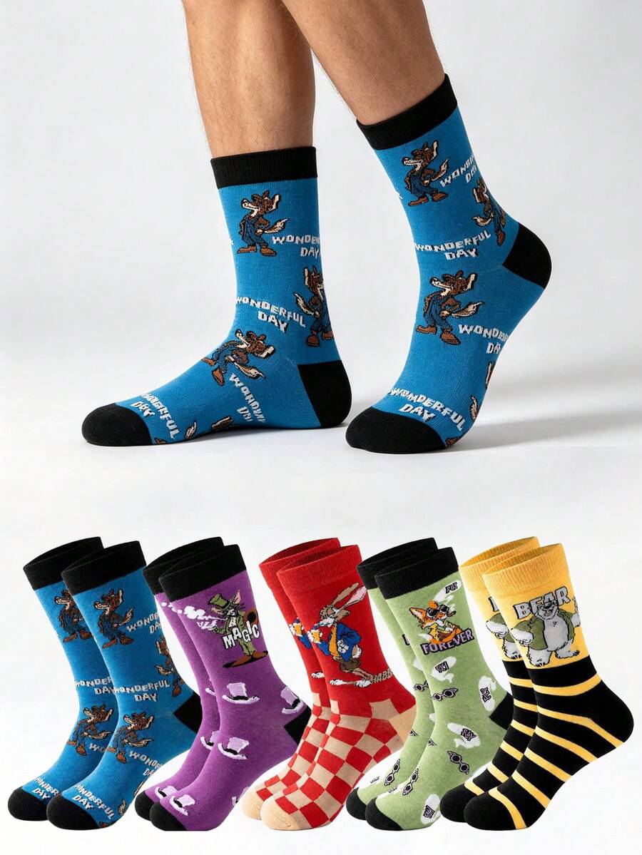 1/3/5 Pairs Men's Cartoon Animal Mid-Calf Socks, Novelty & Fun - Multicolor - View 1