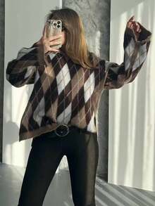 1pc Autumn/Winter Vintage Style Argyle Round Neck Sweater, Soft & Comfortable, Casual Slouchy Contrast Color Knit Pullover - Multicolor - View 7