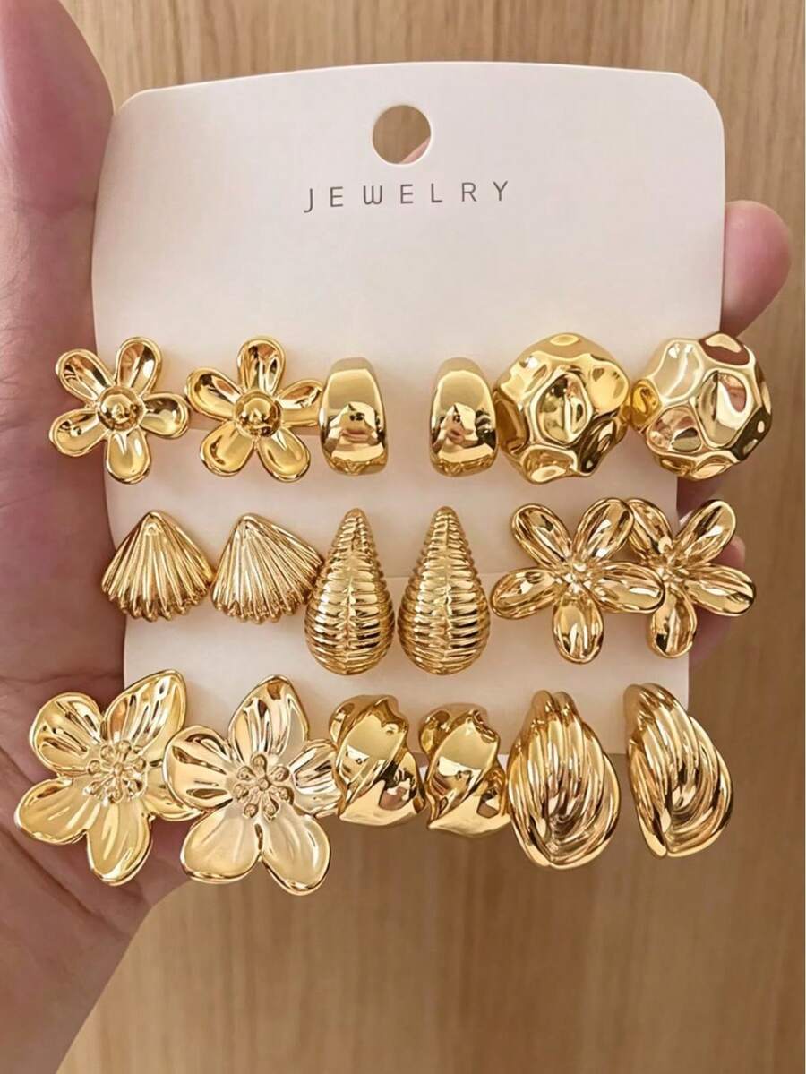 6/18PCS Fashion Gold Metallic Earring Set, Flower Shell Water Drop C-Hoop Geometric Multi-Element Women's Fashion Earring Set, Daily Wear, (Lightweight CCB Material, Non-Fading/No Dropping Sensation)