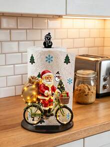 2D FLAT Christmas Decorative Kitchen Paper Towel Holder (No Power Light) - Desktop Tabletop Roll Holder (Combines Display And Storage Functions), Fun Cycling Santa Claus Design, Suitable For Kitchen, Bathroom, Living Room And Dining Room, Decorative Ornament To Create A Warm Christmas Atmosphere - Multicolor - View 5