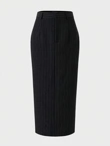 Elegant Commuter Daily Business Old Money Style Leather Striped High Cinched Waist Bodycon Midi Skirt Work Wear Women, Striped - Black - View 7