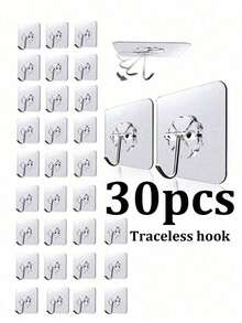 30pcs/10pcs Traceless Adhesive Hooks Strong Load-Bearing Wall Hanging Shelf, Transparent, Waterproof, Rustproof, Suitable For Kitchen, Bathroom, Living Room Without Damaging The Walls - Transparent - View 12
