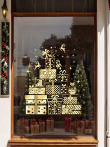 1pc Christmas Gold Window Static Cling Sticker, Christmas Tree / Gift Box / Wreath Pattern Electrostatic Adsorption PVC Window Decal, Glue-Free Easy Removal, Suitable For Home, Bathroom, Shop Glass, Holiday Atmosphere Decoration - Gold - View 6