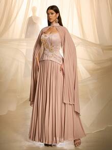 VIPGIRL Elegant Women's Ruffle Ruffle Satin Slit Evening Gown, Suitable For Formal Dinner Parties And Balls - Dusty Pink - View 5