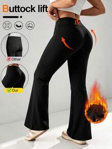 Casual High Waist Elastic Sports Pants Flared Pants Sweatpants Thermal Lined Leg Suitable For Autumn And Winter Petite Women - Black - View 3