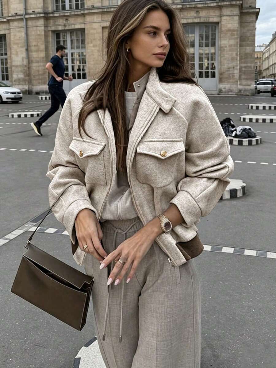 Autumn/Winter High-End Herringbone Flap Pocket Stand Collar Retro Style Daily Commute Slimming Jacket