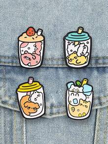Set 4 Bros Enamel Hewan Boba Tea Kawaii, Pin Kerah Kartun Hewan Peliharaan Lucu untuk Dekorasi Ransel dan Jaket - MultiWarna - View 4