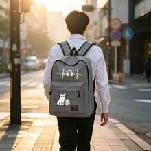 A Printed Backpack With Minimalist Design, Featuring Soundwave Headphones And Music-Listening Cat Print, Unisex Campus Backpack Suitable For Work Commute, Travel, Shopping, And Daily Use, Large Capacity Essential For Your Outings - Backpack - View 9