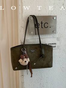 low tea 1pc Minimalist Square PU + Suede Fabric Shoulder Bag, Suitable For Commuting, Shopping, Etc. (With Pendant) - Dark Green - View 6