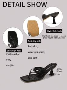 Women's Square Toe Open Toe Thong High Heel Sandals, Fashion Kitten Heel Toe-Post Sandals, Summer Formal Party Wedding High Heel Pumps Slippers - Black - View 8