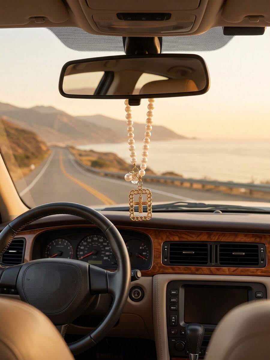 1pc Vintage Gold Cross Car Rearview Mirror Hanging Ornament, Suitable For Most Car Models Or As A Holiday Gift - A - View 1