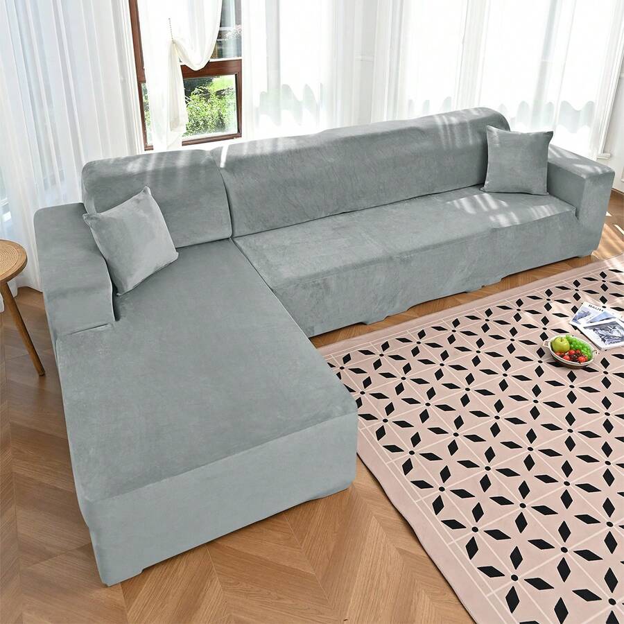 1pc Solid Color Silver Fox Velvet Full Coverage Elastic Sofa Cover, Soft And Cozy Knitted Texture, Snug Fit To Furniture Contour, Machine Washable, Creates Comfortable Living Room Home Atmosphere All Season - Light Grey - View 1