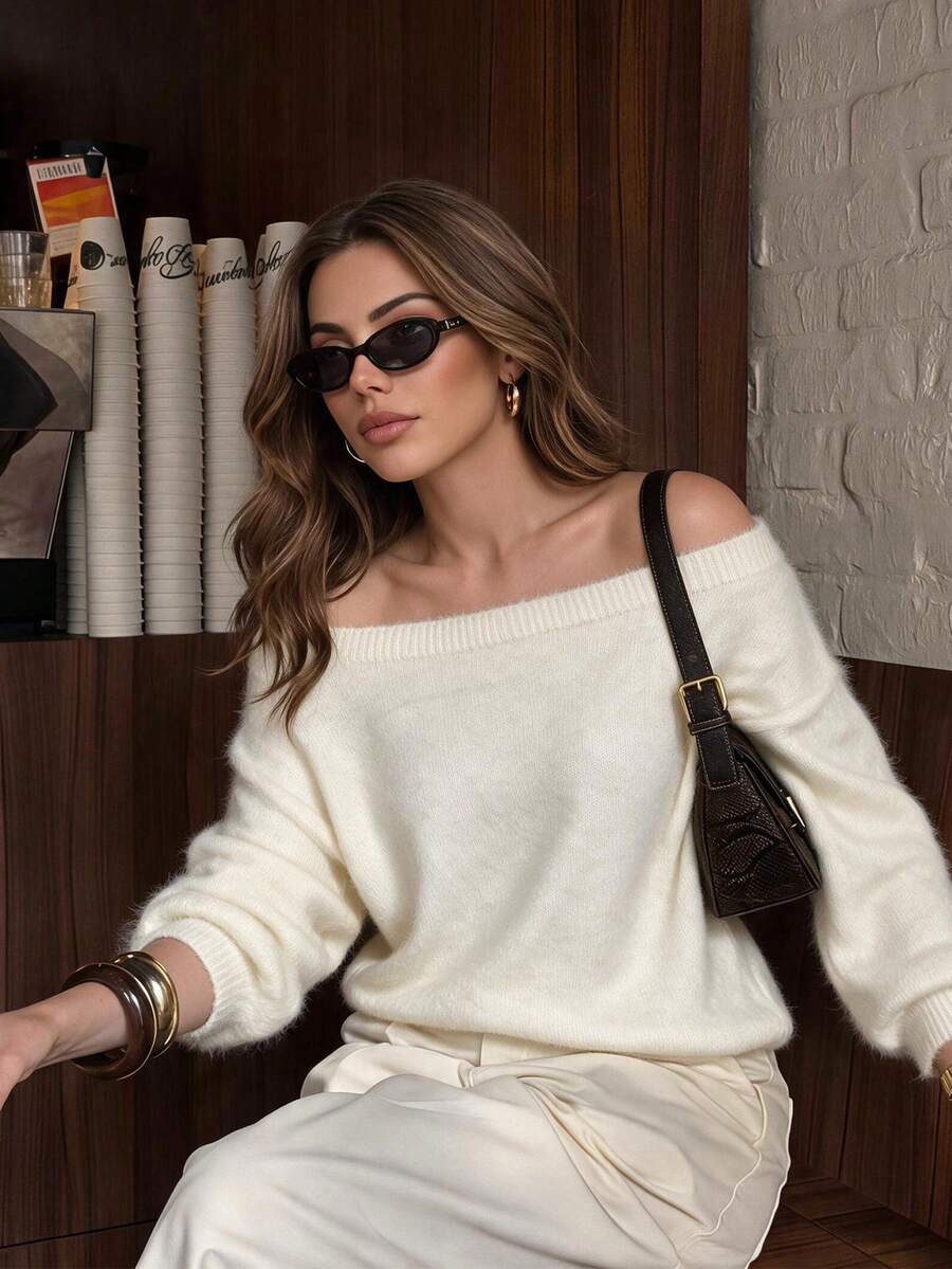 Da Jade Women's Autumn/Winter Elegant Plush Cold Shoulder Sweater, Dropped Shoulder Loose Soft Knit Long Sleeve Warm Pullover, Suitable For Daily Wear - White - View 1