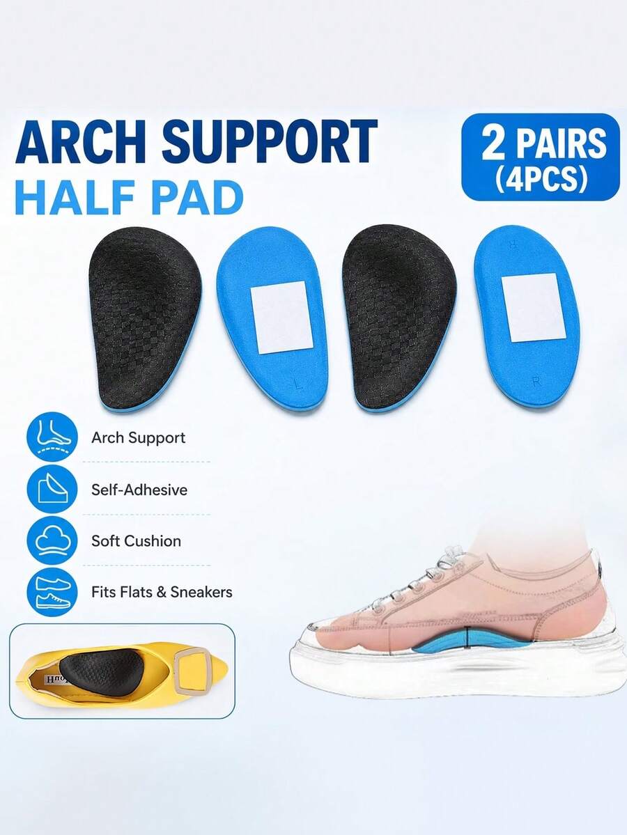 2 Pairs EVA Arch Support Half-Size Insoles, Shock-Absorbing Soft Foot Protection Shoe Pads For Sports And Casual Shoes - Blue - View 1