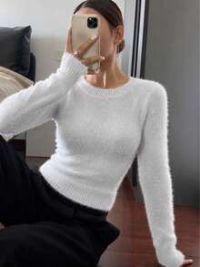 Sweater Rajut Wanita Lengan Raglan Leher Bulat, Atasan Pullover Warna Polos yang Pas Badan, Cocok untuk Kencan, Kantor, dan Acara Sehari-hari - Putih - View 2