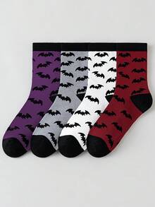 1/5 Pairs Black White Red Gray Halloween Men Women Couple Contrast Color Bat Pattern Mid-Calf Socks - Multicolor - View 3