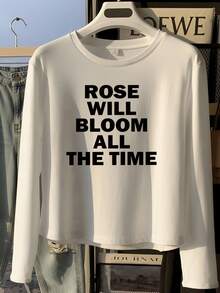 All-Match Versatile Black & White English Text Print Short Long Sleeve White T-Shirt, Slim Fit Elastic Inner Layer Outer Wear Sexy Girl Base Layer Autumn Top - White - View 4