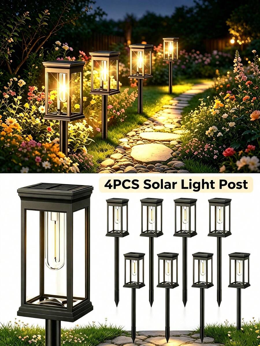 4/2pcs Solar Powered Pathway Lights, Bright Outdoor Solar Lights, Automatic On/Off Pathway Lights (Solar Powered), For Sidewalk, Garden, Patio, Lawn - Warm Light - View 1
