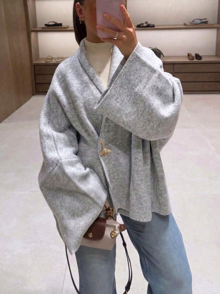 女款無鈕扣寬袖針織開襟衫 - 淺花灰 - 查看 1