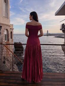 New Sexy Burgundy Off-Shoulder Heavy Rhinestone Evening Gown With Pleated Full Skirt, Bandage Long Dress, Elegant Women's Formal Evening Party Dress - Red - View 7