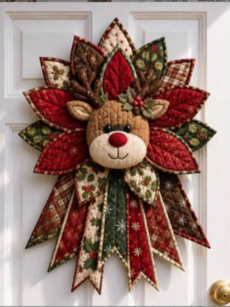 1 Set Christmas Quilted Bow Wreath DIY Kit, Extra Large Christmas Character Quilted Door Hanger Sewing Set For Beginners, DIY Patchwork Hanging Decoration Set For Front Door And Wall Decor - A - View 1