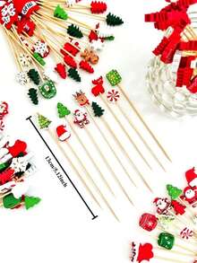50pcs Assorted Christmas Cocktail Picks, Cocktail Decoration Sticks, Drink Garnishes, Bar Decor, Appetizer Toothpicks, Bamboo Fruit Skewers, Suitable For Charcuterie Boards & Cupcakes, Christmas Theme Party Decorations (Random Mix) - Multicolor - View 7