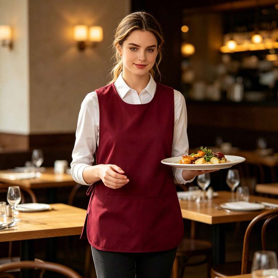 Flerfärgad förklädesväst för kvinnor och män, vändbar justerbar arbetsförkläde med 2 fickor, snyggt förkläde för kök, café, restaurang, bakning och hemmabruk - Rosröd - Visa 1