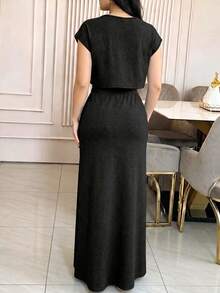Set 2 Potong Wanita Musim Semi dan Panas Atasan Kerah Bulat Lengan Cap Kasual Elegan Warna Polos & Rok Saku Hitam - Hitam - View 4