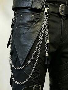 1pc European And American Gothic Style Pants Chain, Hip-Hop Multi-Layer Tassel Metal Waist Chain, Versatile Punk Leather Tassel Pendant Pants Chain - Silver - View 1
