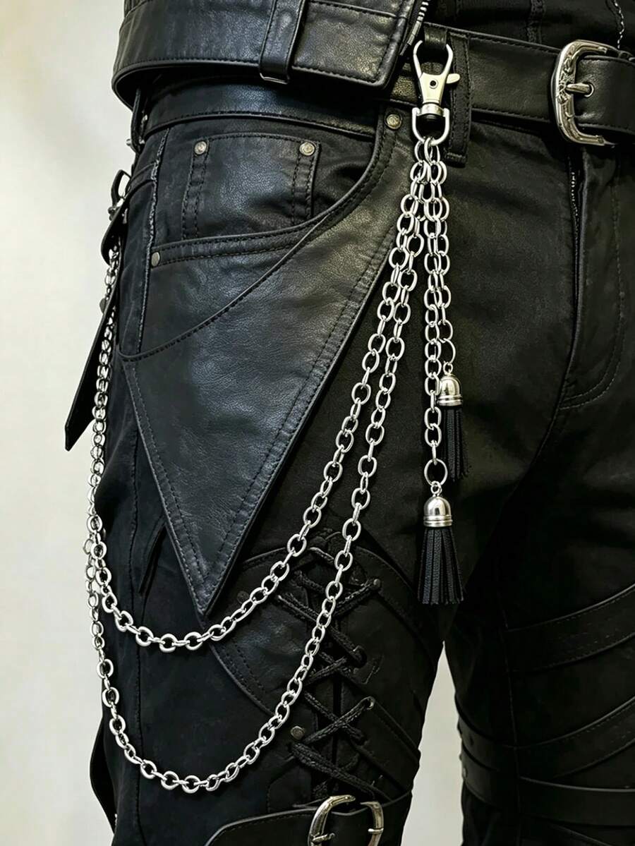 1pc European And American Gothic Style Pants Chain, Hip-Hop Multi-Layer Tassel Metal Waist Chain, Versatile Punk Leather Tassel Pendant Pants Chain - Silver - View 1