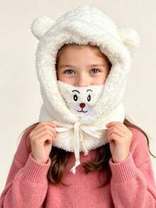 1pc Baby Cartoon Bear Ear Fleece Knitted Hat With Mask, Warm Headwear, Thickened Ear Protection Skull Cap, Neck Warmer - Multicolor - View 5