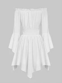 ii Women's Solid Color Frill Trim Off-Shoulder Flare Sleeve Short Dress - White - View 3