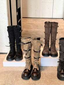 Sepatu Bot Tinggi Wanita Motif Blok Warna, Ujung Bulat, Sol Tebal Datar, Tali Depan, Dekorasi Gesper Ganda, Sepatu Bot Panjang Motif Patchwork Cokelat Khaki - Khaki - View 3