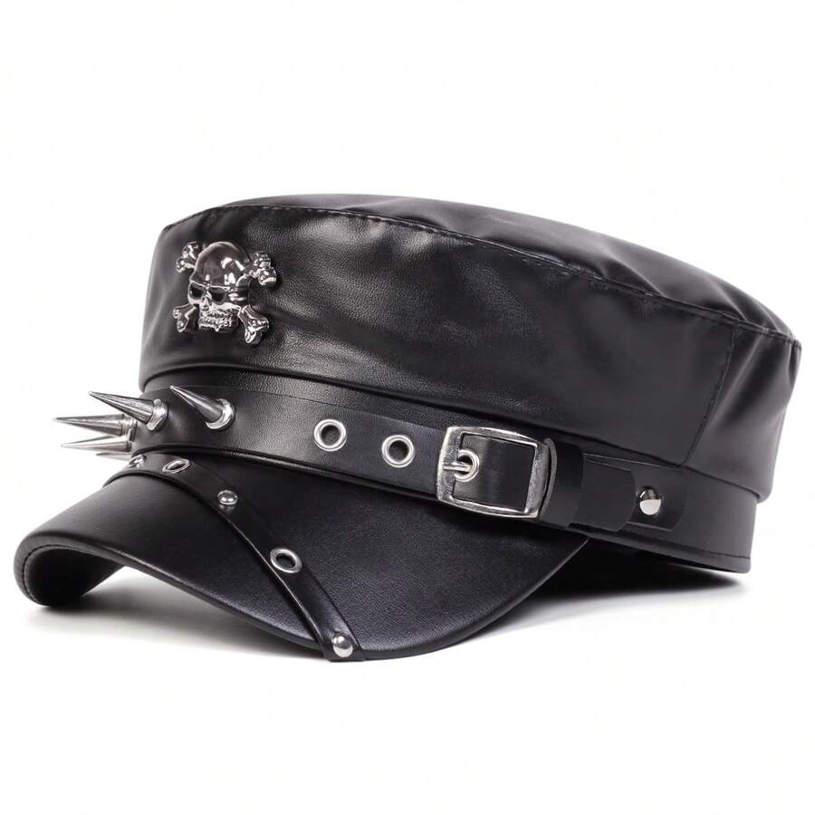 1pc Women's Metal Buckle Leather Cap - Black - View 1