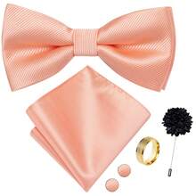 5Pcs Men Simple Solid Coral Orange Bow Tie Pocket Square Cufflinks Ring Boutonniere Set, Cufflinks Pattern Random For Wedding Business Party - Coral Orange - View 2