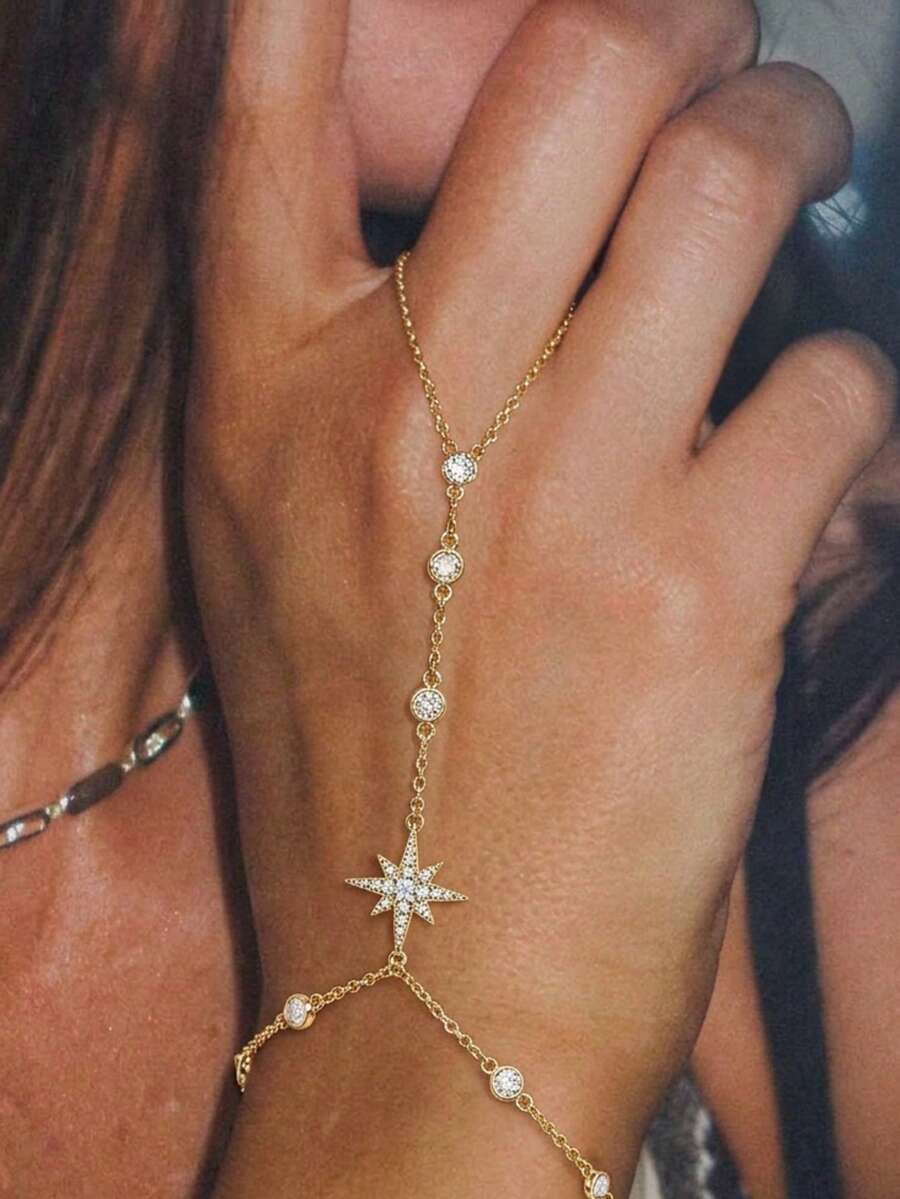 1pc Women's Elegant Minimalist Copper Inlaid CZ Gold Starburst Finger Bracelet, Suitable For Daily, Party, Date Wear, Jewelry Gift - Gold - View 1