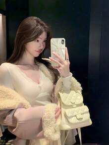 White V-Neck Lace Brushed Base Layer Slim Fit Innerwear Women Autumn Winter Blouse - White - View 3