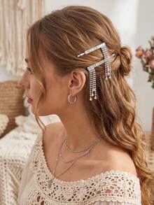 2pcs/Set Silver Full Rhinestone Tassel Straight Hair Clip, Luxury Sparkling Side Fringe Clip, Women's Party Wedding Date Music Festival Styling Side Hair Accessory - Silver - View 11