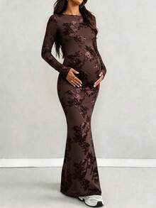 Maternity Jacquard Mesh Patchwork Casual Party Dress - Coffee Brown - View 7