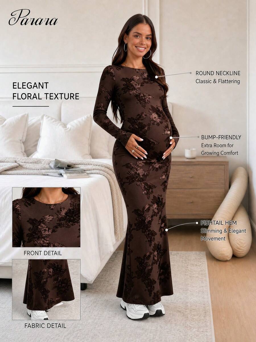 Maternity Jacquard Mesh Patchwork Casual Party Dress - Coffee Brown - View 1