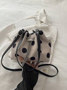 1pc Solid Color Drawstring Bucket Bag With Chain Strap Crossbody Shoulder Bag For Women, Fashion Polka Dot Pattern Shoulder Bag - Beige - View 7