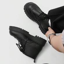 Men's High-Top Combat Boots, Non-Slip Thick Sole, Solid Color Stitching, Suitable For Outdoor Hiking, Casual Wear And Work - Black - View 6