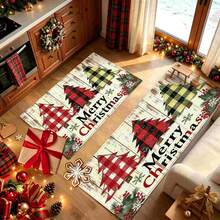 1pc Christmas Series Distressed Wooden Board Plaid Christmas Tree Pattern Printed Faux Cashmere Surface TPR Bottom Door Mat, Bathroom Mat, Kitchen Mat, Laundry Room Mat, Holiday Atmosphere Decor, Home Decor, Party Decor, Wedding Decor, Dining & Kitchen Decor - Multicolor - View 3