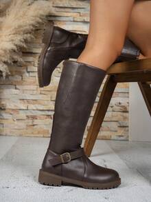 Fall/Winter 2025 Simple & Fashionable Women's Knee High Boots, Non-Slip, Comfortable, Versatile Buckle Decor, British Style, Plus Size - Brown - View 5