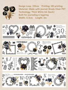 DANKUN 1 Roll 2m Loop: 100cm Dark Academia Gothic Floral Wide PET Washi Tape, Creative Aesthetic Sticker Decoration, DIY Scrapbook/Handicraft Material, Holiday Gift, Personalized Sticker Photo Album School Supplies - Scrapbook Stickers - View 9