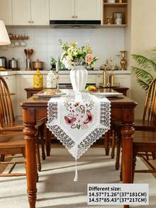 1pc 100% Polyester Butterfly Floral Embroidered Table Runner, White Lace Trim Table Runner With Tassel, European Style Dining Table Decor For Home Wedding Party - White - View 16