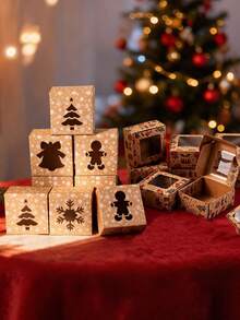 9pcs/Set Vintage-Style Christmas Gift Boxes Featuring A Clear Window And Kraft Paper Construction; Available In Designs Including Bells, Christmas Trees, And Reindeer-Perfect For Christmas Gifts, Birthdays, And Party Favors. - Multicolor - View 5