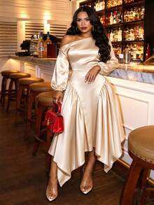 Plus Size Women's Solid Color One Shoulder Long Sleeve Asymmetrical Hem Elegant Satin Dress, Suitable For Birthday Party Occasions - Champagne - View 5