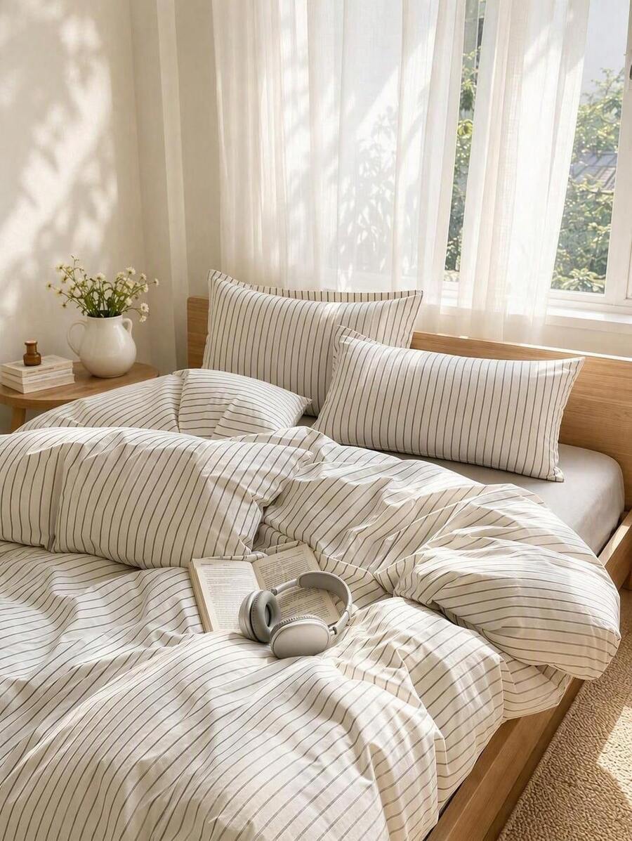 Veyra Day 3 Pieces100% Cotton Nordic Minimalist Striped Printed Duvet Cover Set Including 2 Pillowcases + 1 Duvet Cover (Inner Filling And Mattress Not Included) - GuangBai - View 1