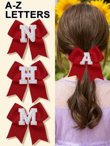 1pc Personalized A-Z Letter Bow Hair Clips For Little Girls, Red Ribbon Bow With Pearl Rhinestone Initial, Cute Daily Hairstyle Decorations - Red - View 2